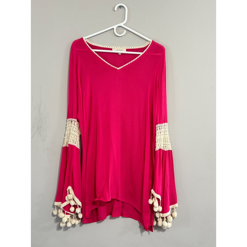 Solitaire Swim Hot Pink Crochet Pom Pom Bell Sleeve Cover Up Top Small 16-1396